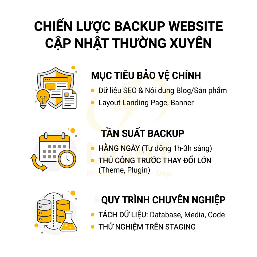 Chiến lược backup website: mục tiêu bảo vệ dữ liệu SEO, tần suất sao lưu và quy trình backup chuyên nghiệp