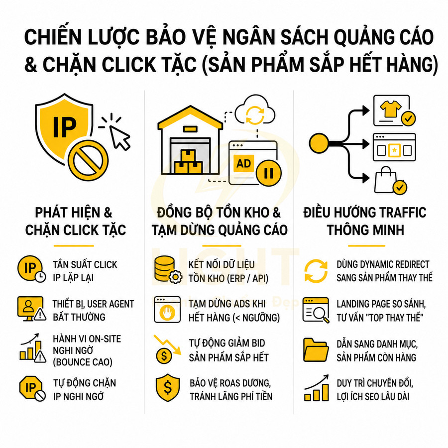 Chiến lược bảo vệ ngân sách quảng cáo và chặn click tặc cho sản phẩm sắp hết hàng, tối ưu chuyển đổi và tồn kho