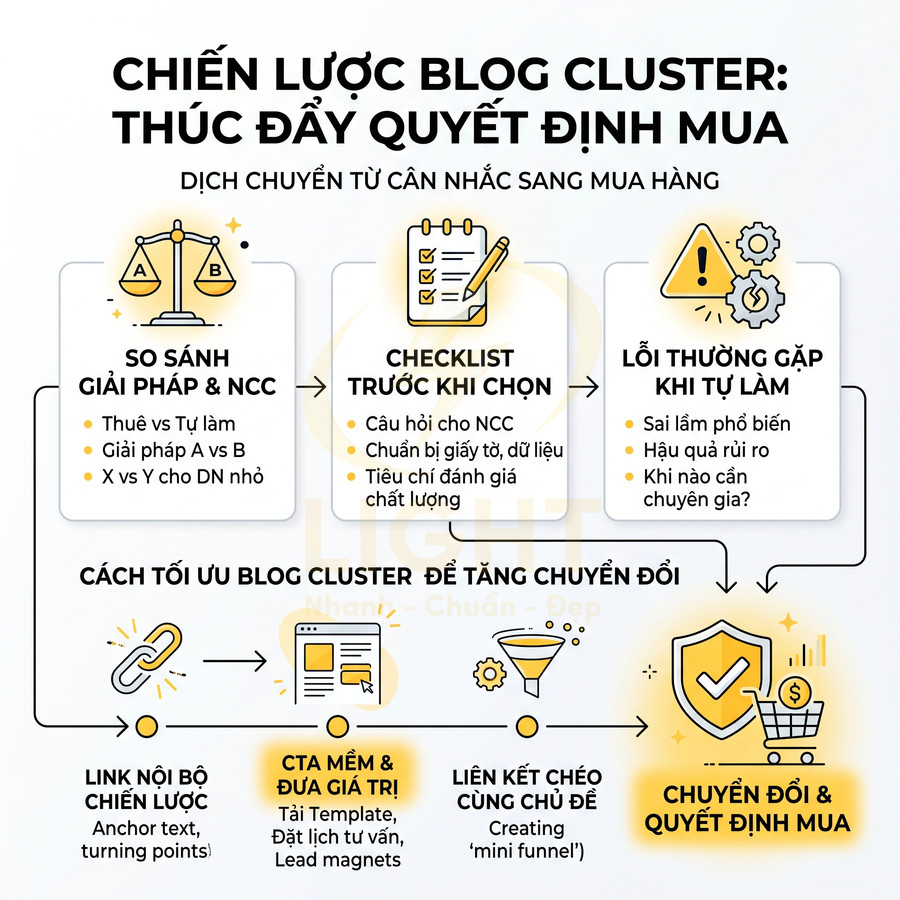 Chiến lược blog cluster thúc đẩy quyết định mua với các bước so sánh giải pháp, checklist, tối ưu liên kết và CTA