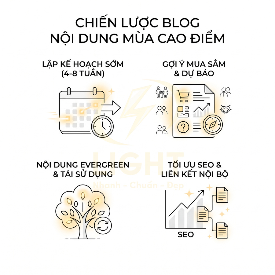 Chiến lược blog nội dung mùa cao điểm với lập kế hoạch sớm, gợi ý mua sắm, nội dung evergreen và tối ưu SEO