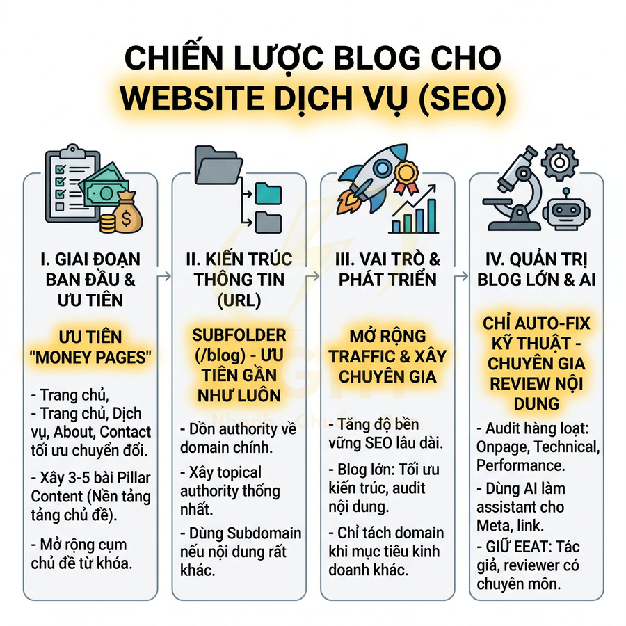 Chiến lược blog SEO cho website dịch vụ với 4 giai đoạn từ ưu tiên money pages đến quản trị blog lớn và AI