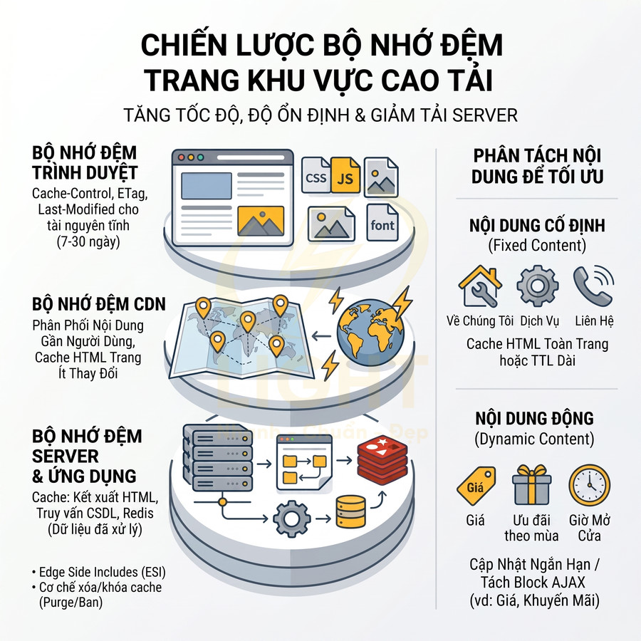 Infographic chiến lược bộ nhớ đệm website với cache trình duyệt, CDN, server và phân tách nội dung cố định động