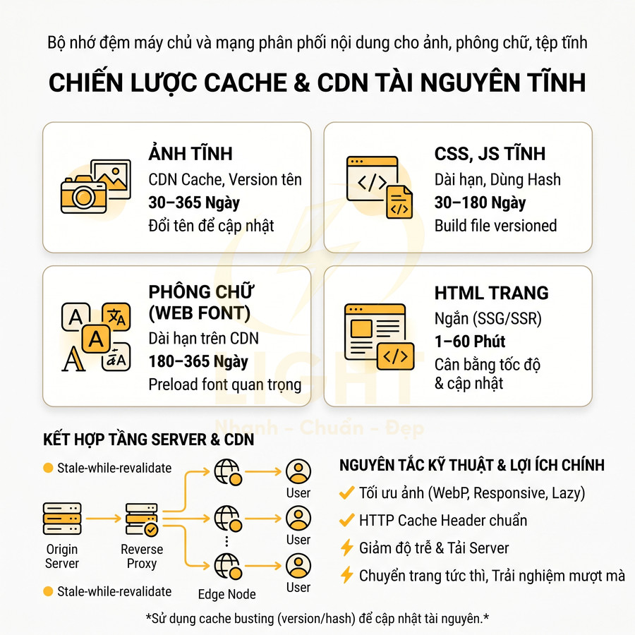 Chiến lược cache và CDN cho tài nguyên tĩnh gồm ảnh, web font, CSS JS, HTML và lợi ích tối ưu tốc độ website