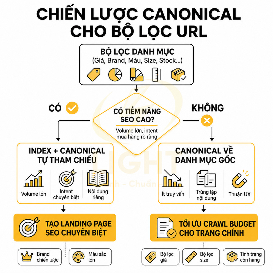 Chiến lược canonical cho bộ lọc URL trong SEO với sơ đồ quyết định index và canonical hóa
