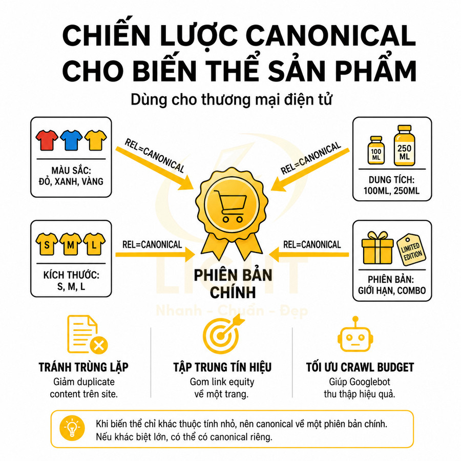 Chiến lược canonical cho biến thể sản phẩm thương mại điện tử với phiên bản chính và các thuộc tính màu sắc kích thước dung tích