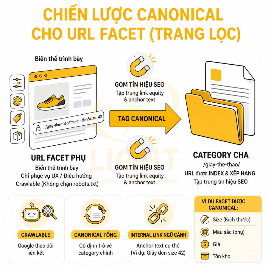 Chiến lược canonical cho URL facet trang lọc sản phẩm giày thể thao trong SEO website