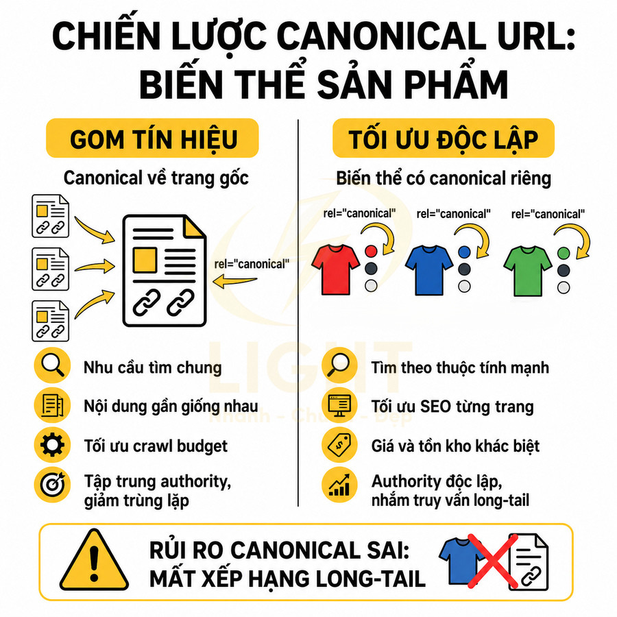 Infographic chiến lược canonical URL cho biến thể sản phẩm, so sánh gom tín hiệu và tối ưu độc lập