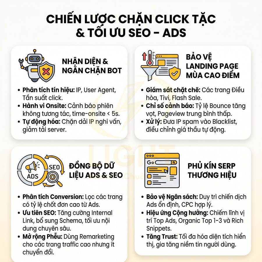 Chiến lược chặn click tặc và tối ưu SEO Ads với nhận diện bot, bảo vệ landing page, đồng bộ dữ liệu và phủ kín SERP