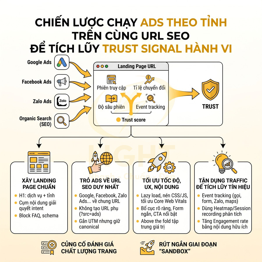 Chiến lược chạy quảng cáo Google, Facebook, Zalo trên cùng URL SEO để tăng trust signal hành vi