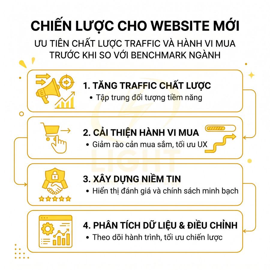 Chiến lược cho website mới với 4 bước tăng traffic, cải thiện hành vi mua, xây dựng niềm tin và phân tích dữ liệu