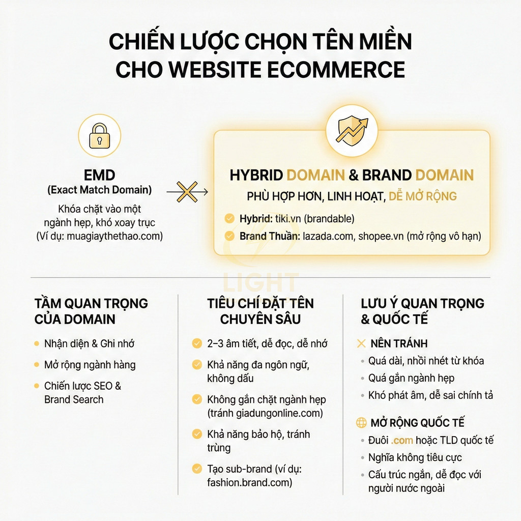 Chiến lược chọn tên miền cho website ecommerce với so sánh EMD và hybrid domain, brand domain