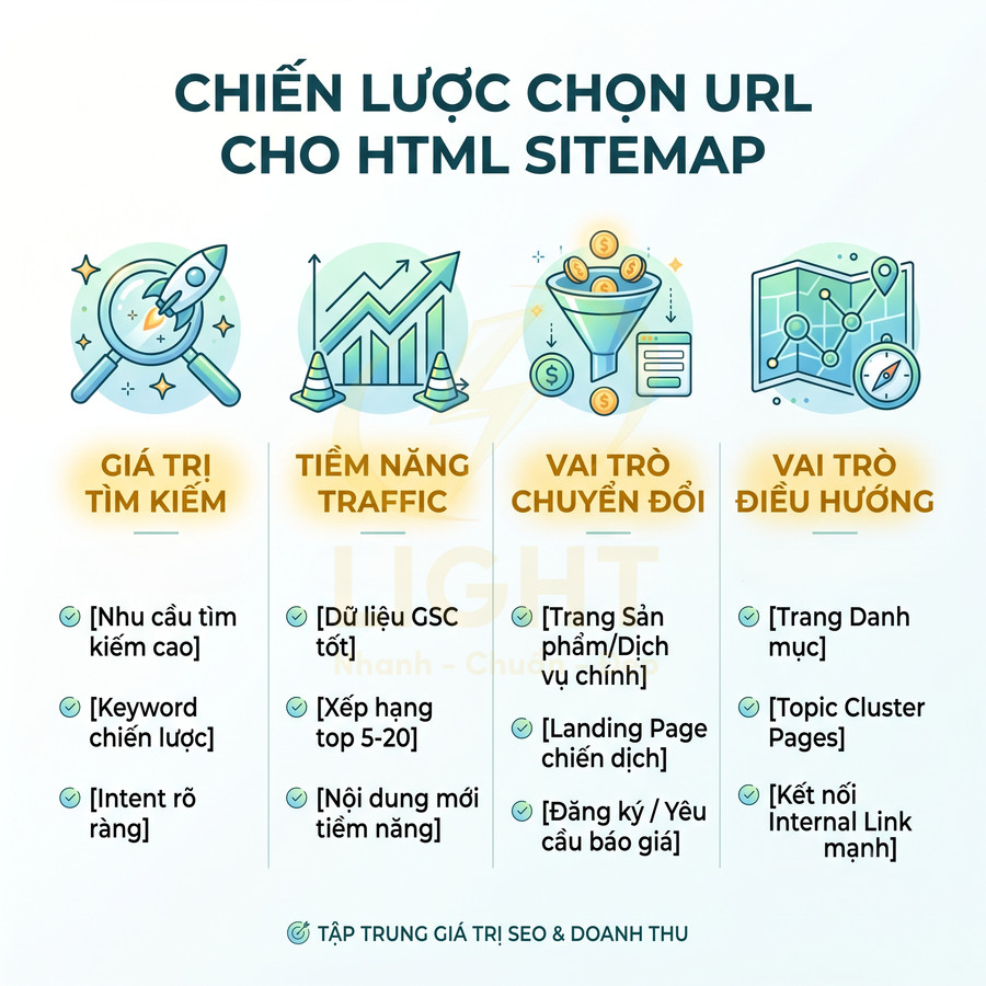 Chiến lược chọn URL cho HTML sitemap tối ưu SEO theo giá trị tìm kiếm, traffic, chuyển đổi và điều hướng