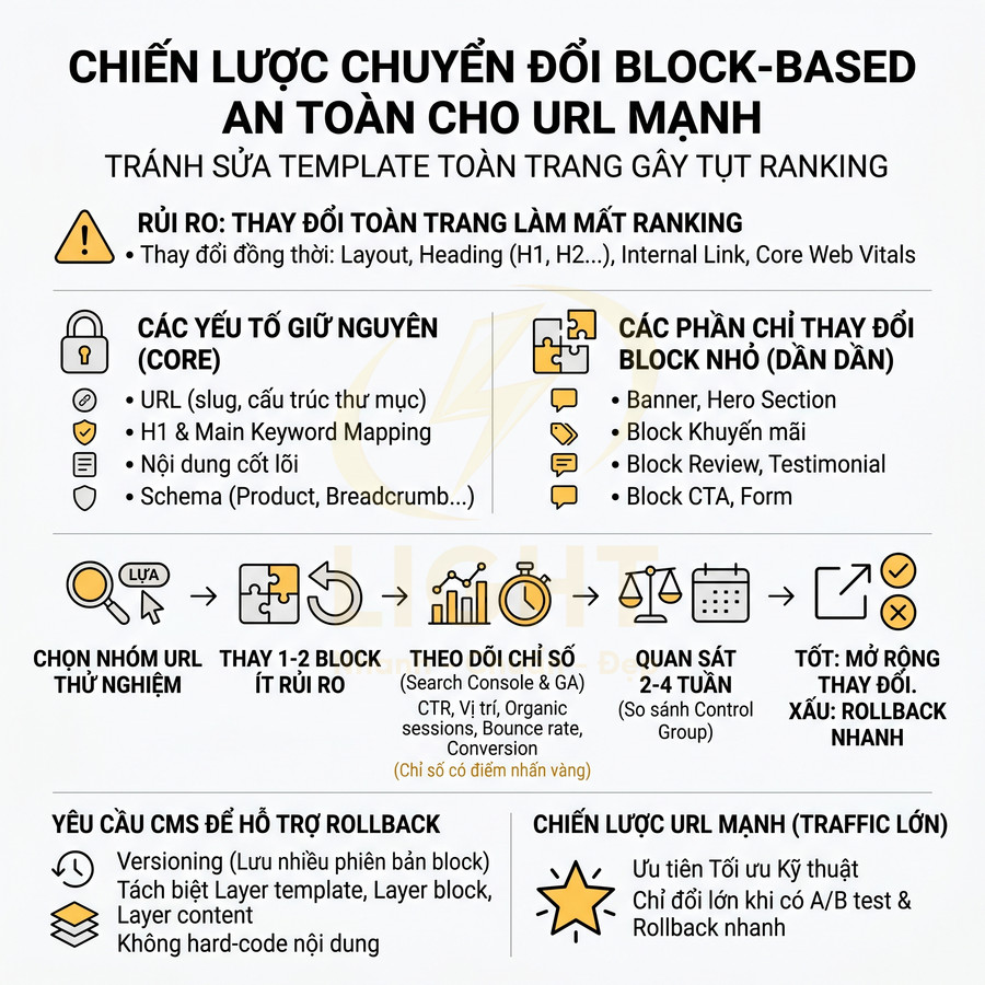 Chiến lược chuyển đổi block based an toàn cho URL mạnh, hướng dẫn tối ưu SEO và hạn chế rủi ro tụt ranking