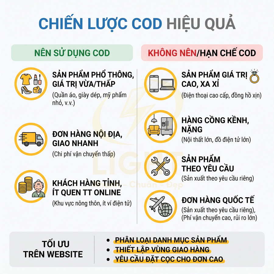 Infographic chiến lược sử dụng COD hiệu quả cho các loại sản phẩm và đơn hàng trong kinh doanh online