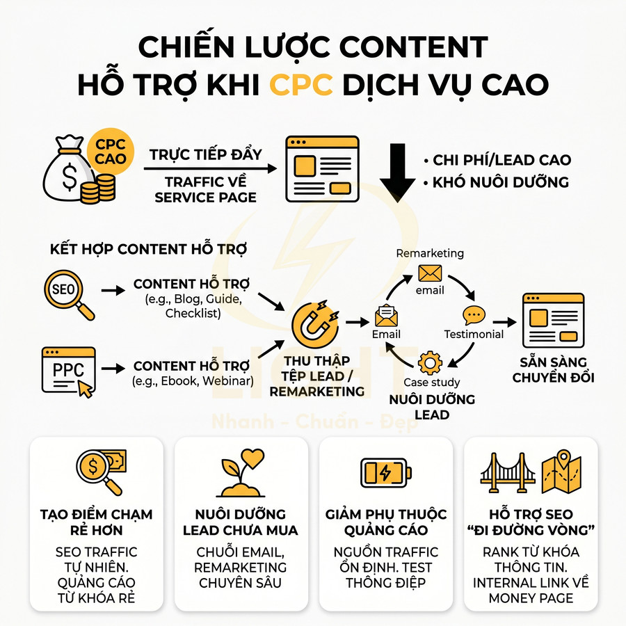 Chiến lược content marketing hỗ trợ khi CPC dịch vụ cao, kết hợp SEO, PPC và remarketing nuôi dưỡng lead