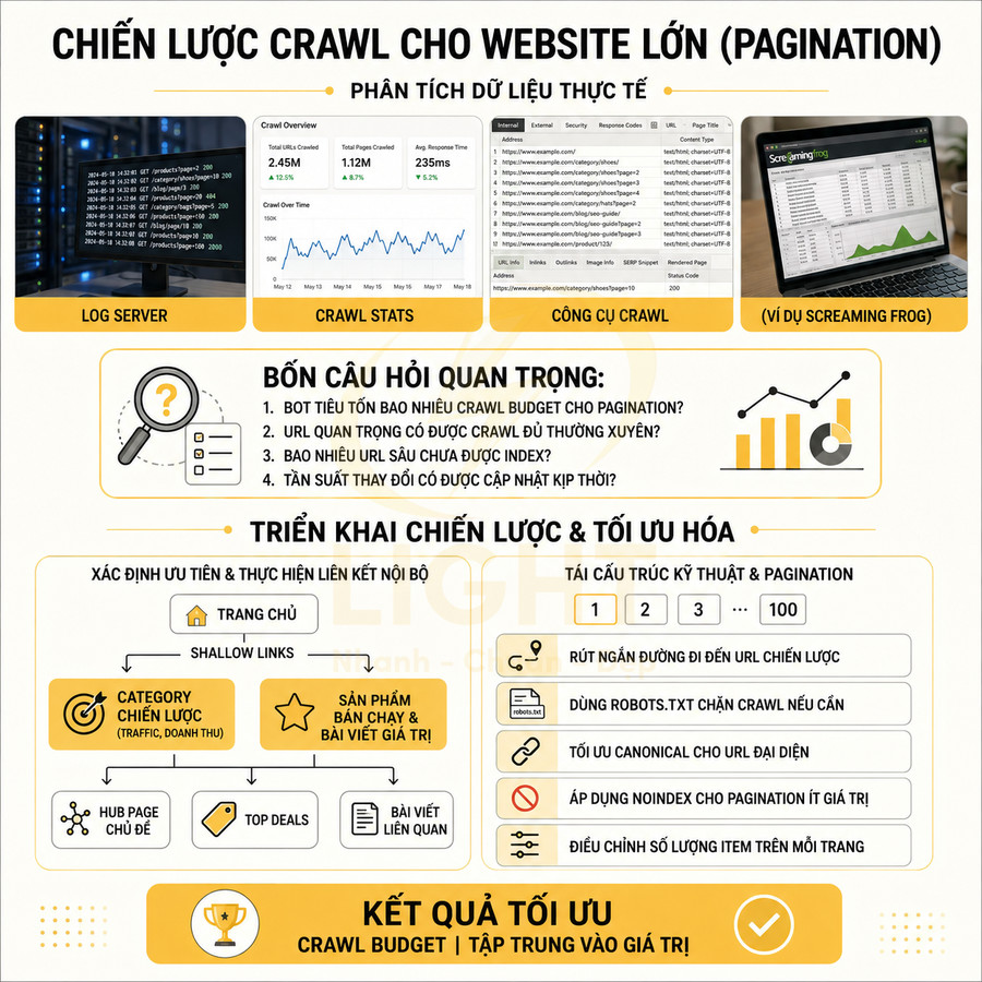 Chiến lược crawl cho website lớn với phân tích log server, crawl stats và tối ưu pagination để tiết kiệm crawl budget