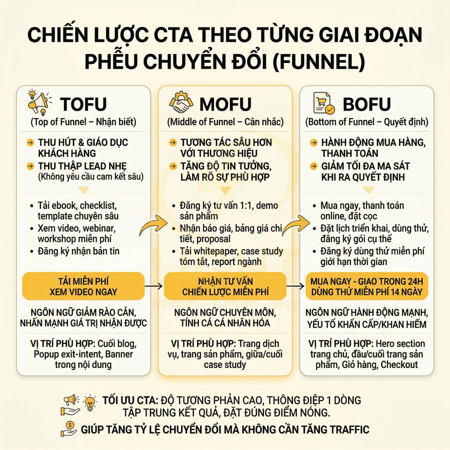 Chiến lược CTA theo từng giai đoạn phễu chuyển đổi TOFU MOFU BOFU cho marketer và doanh nghiệp