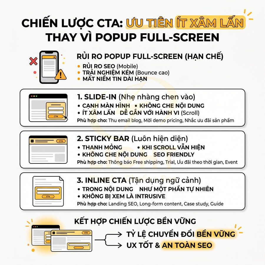 Infographic chiến lược CTA ít xâm lấn thay popup full screen, giới thiệu slide in, sticky bar và inline CTA tối ưu SEO