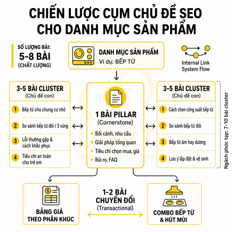 Chiến lược cụm chủ đề SEO cho danh mục sản phẩm bếp từ với bài pillar, cluster và bài chuyển đổi