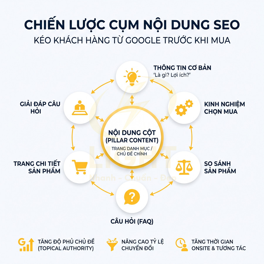 Chiến lược cụm nội dung SEO với nội dung cột, FAQ, so sánh và trang chi tiết sản phẩm tăng chuyển đổi