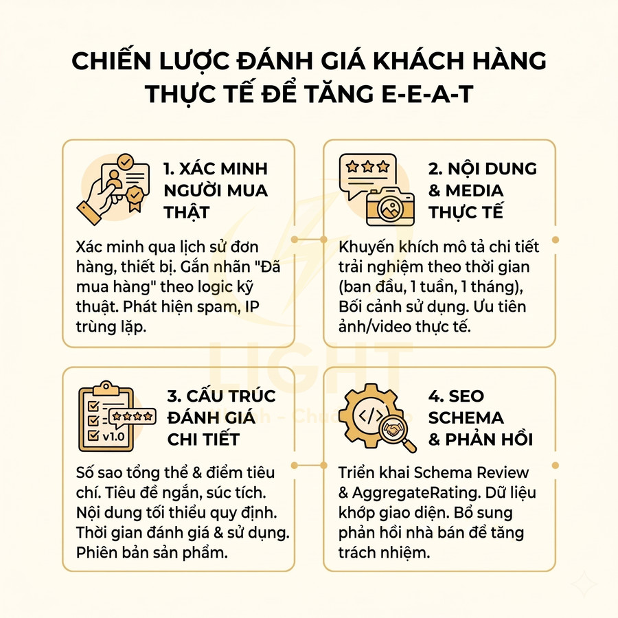 Chiến lược đánh giá khách hàng thực tế giúp tăng E-E-A-T với 4 bước xác minh, nội dung, cấu trúc đánh giá và SEO schema