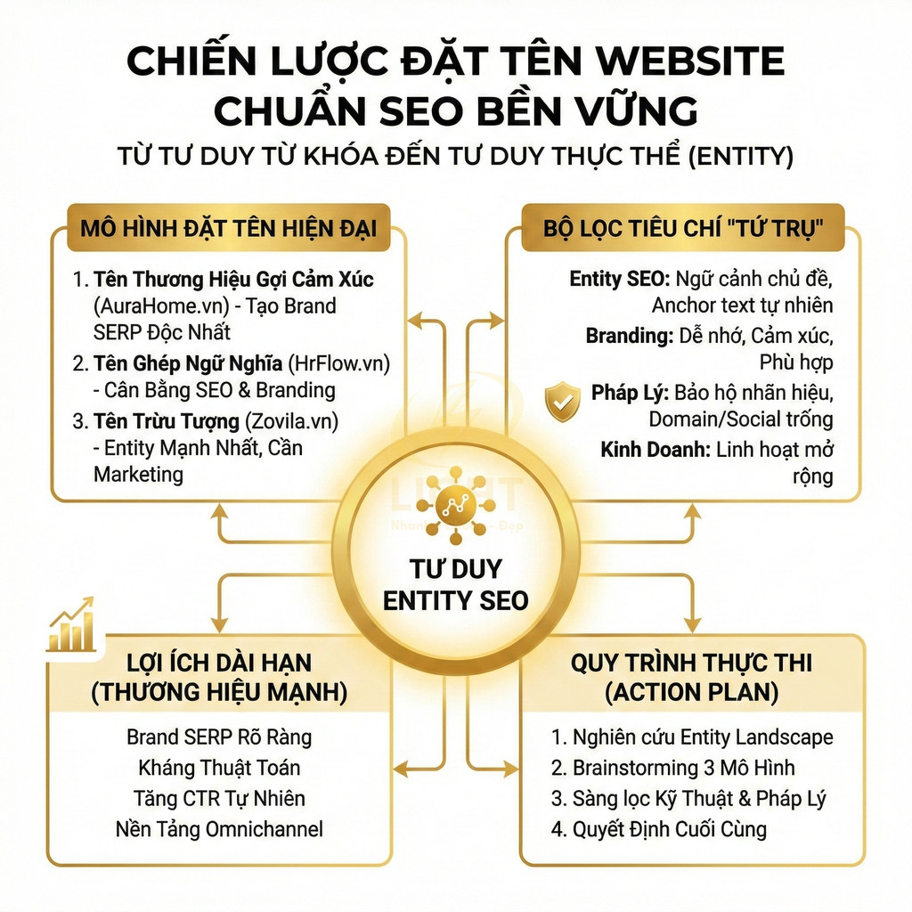 Chiến lược đặt tên website chuẩn SEO bền vững với tư duy entity SEO và các bước thực thi chi tiết