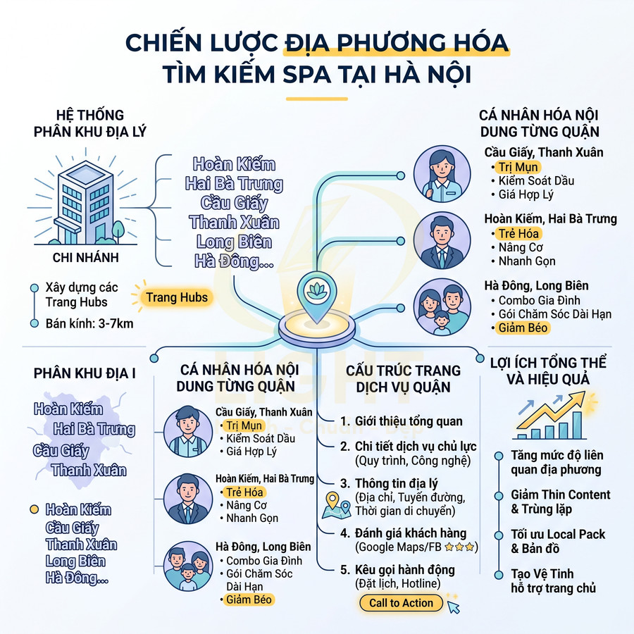 Chiến lược địa phương hóa tìm kiếm spa tại Hà Nội với phân khu chi nhánh và cá nhân hóa dịch vụ từng quận