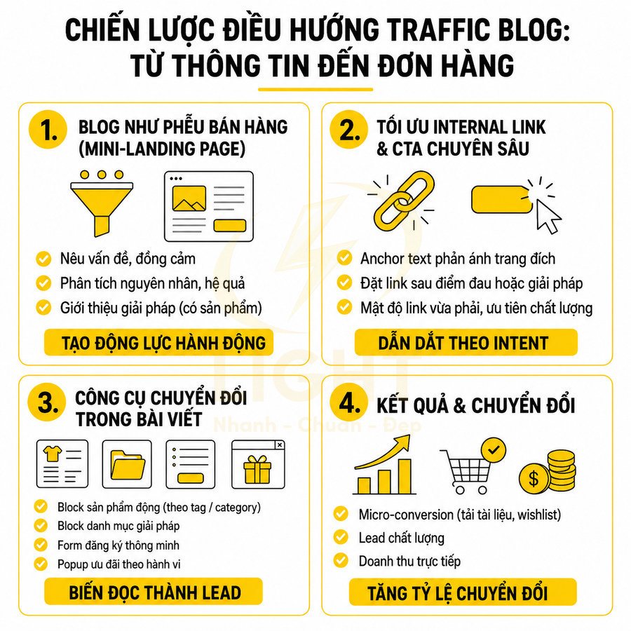 Infographic chiến lược điều hướng traffic blog thành đơn hàng với 4 bước tối ưu chuyển đổi
