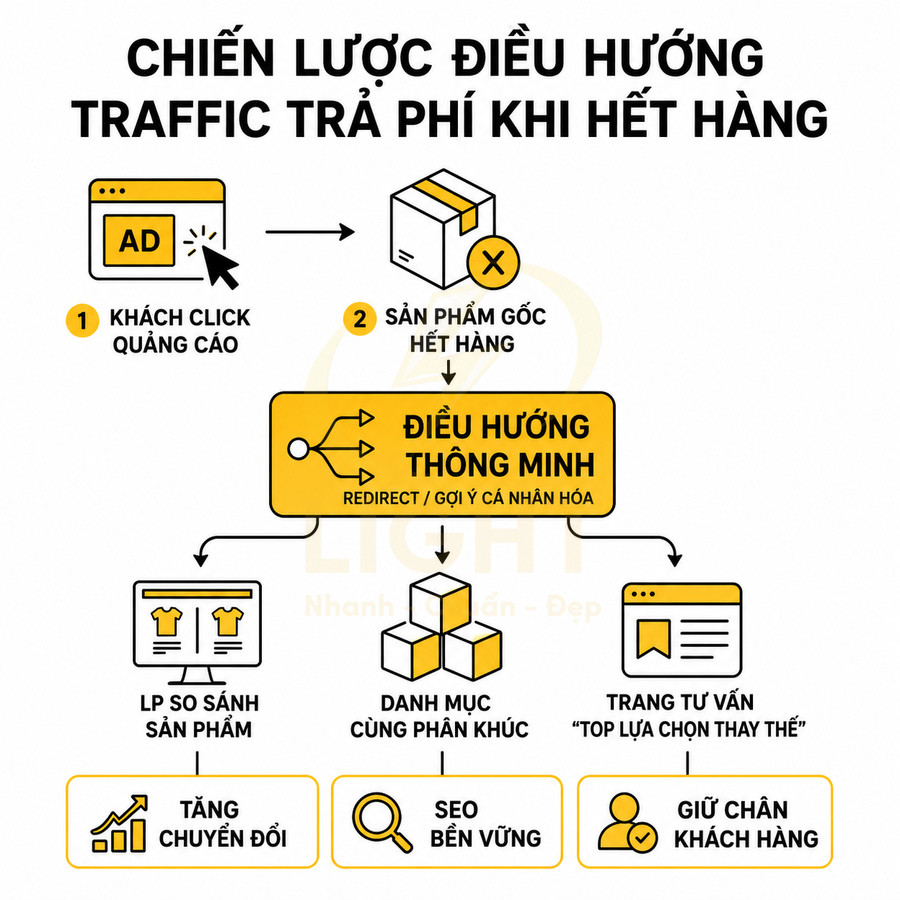 Chiến lược điều hướng traffic trả phí khi sản phẩm hết hàng với điều hướng thông minh và gợi ý thay thế
