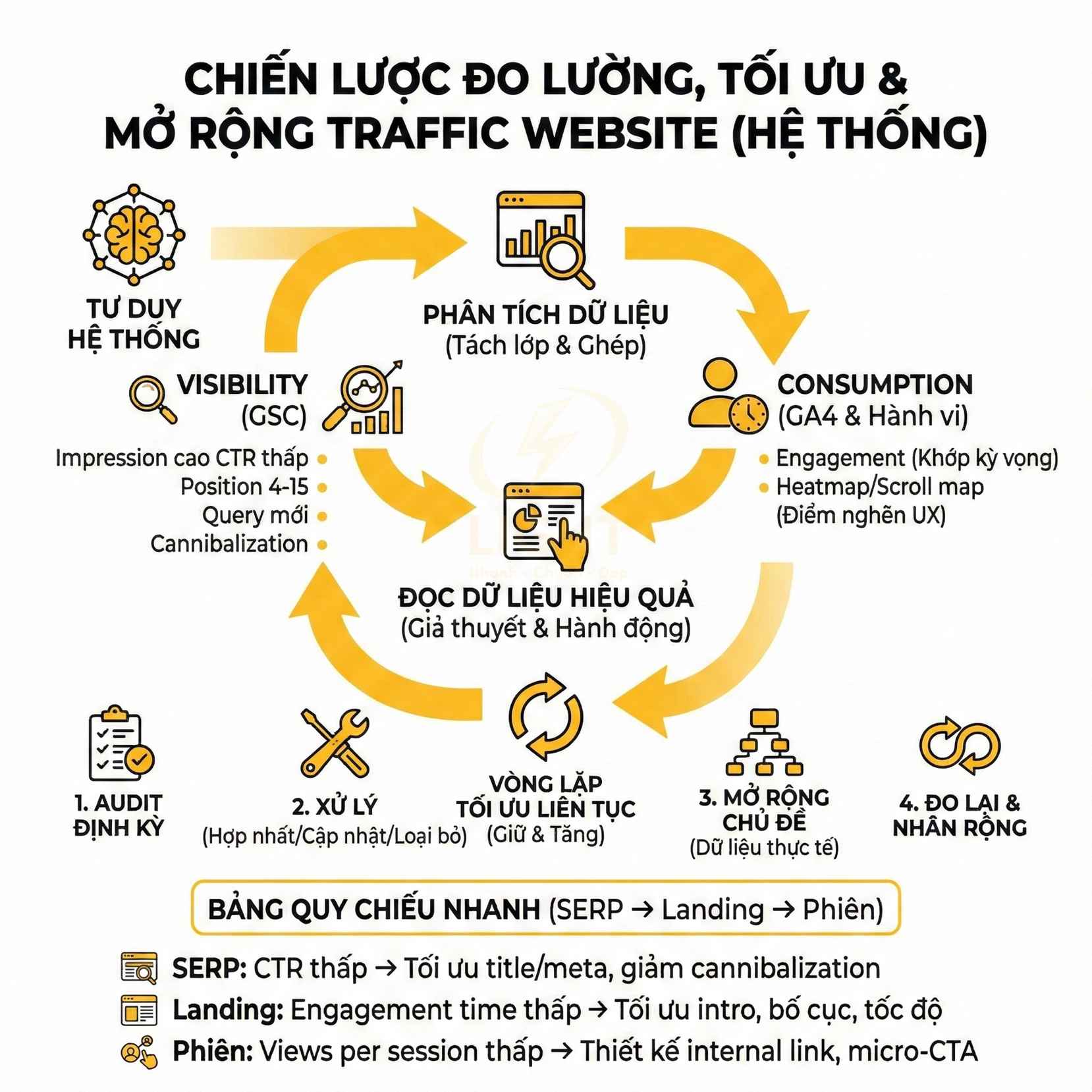 Chiến lược đo lường tối ưu và mở rộng traffic website với các bước audit, xử lý, đo lường và tối ưu liên tục