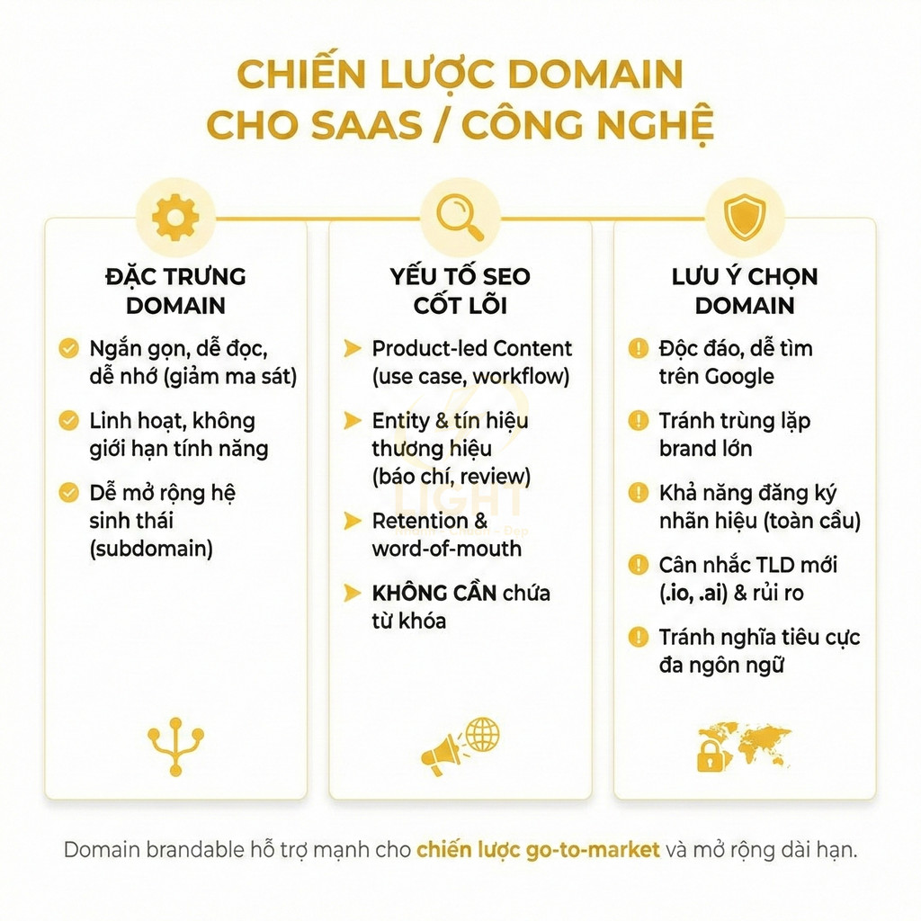 Chiến lược chọn domain cho SaaS và công nghệ với đặc trưng, yếu tố SEO cốt lõi và lưu ý khi đặt tên domain