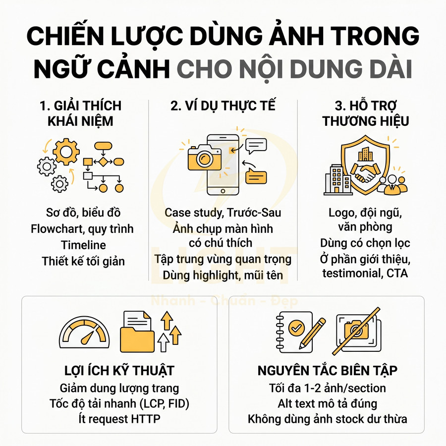 Chiến lược dùng hình ảnh trong nội dung dài với ví dụ minh họa, lợi ích kỹ thuật và nguyên tắc biên tập ảnh