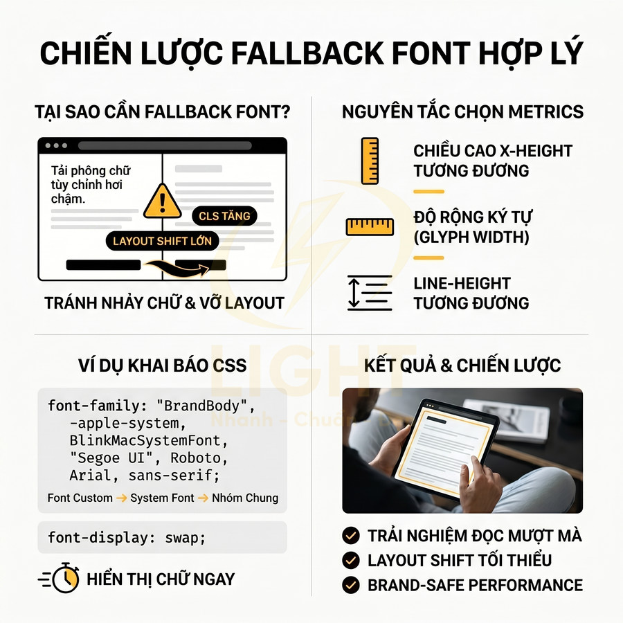 Infographic chiến lược fallback font hợp lý trong CSS giúp tránh nhảy chữ và vỡ layout khi tải web