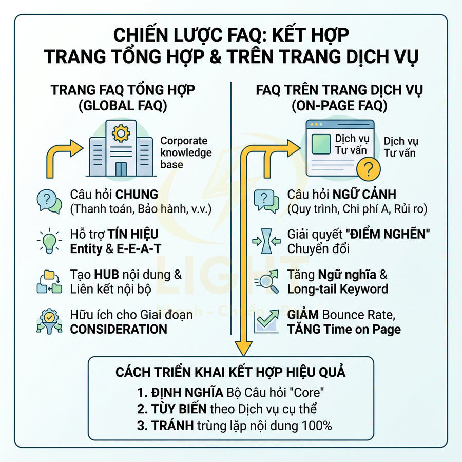 Chiến lược FAQ kết hợp trang tổng hợp và trang dịch vụ, so sánh lợi ích Global FAQ và On-page FAQ cho SEO