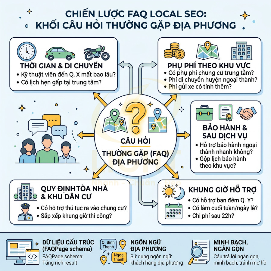 Infographic chiến lược FAQ Local SEO với các nhóm câu hỏi thường gặp của khách hàng địa phương