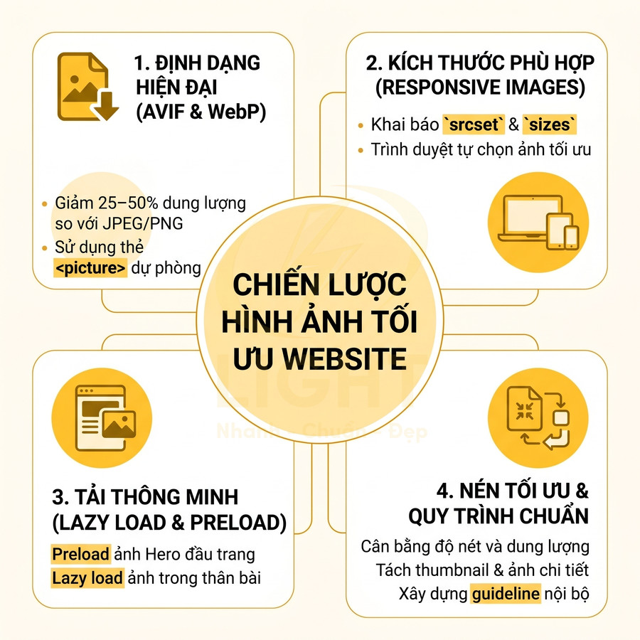 Chiến lược tối ưu hình ảnh cho website với định dạng hiện đại, kích thước phù hợp, tải thông minh và nén chuẩn