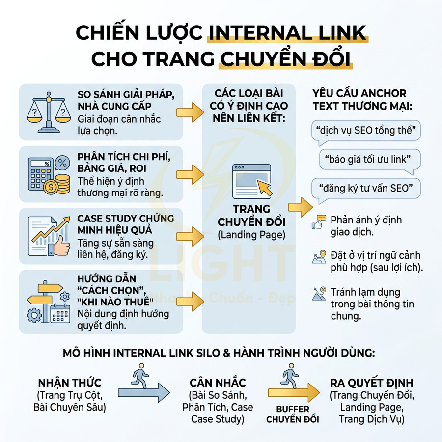 Chiến lược internal link cho trang chuyển đổi với các loại bài viết, anchor text thương mại và mô hình hành trình người dùng