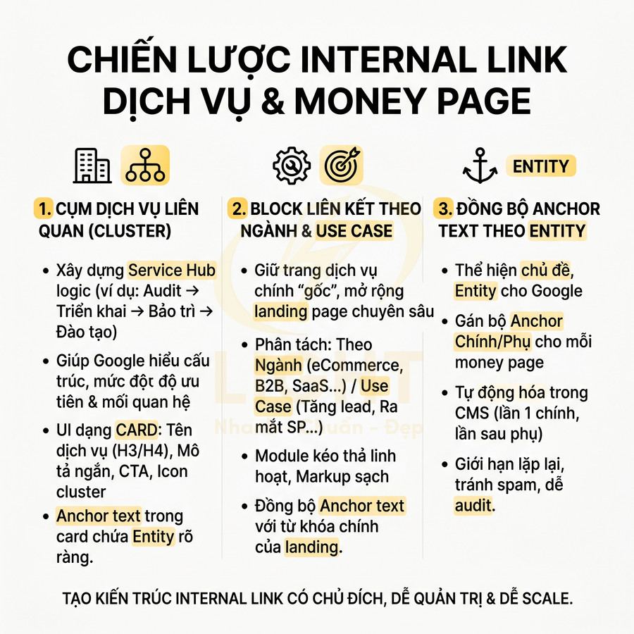 Chiến lược internal link cho dịch vụ và money page với cụm dịch vụ liên quan, block liên kết và đồng bộ anchor text