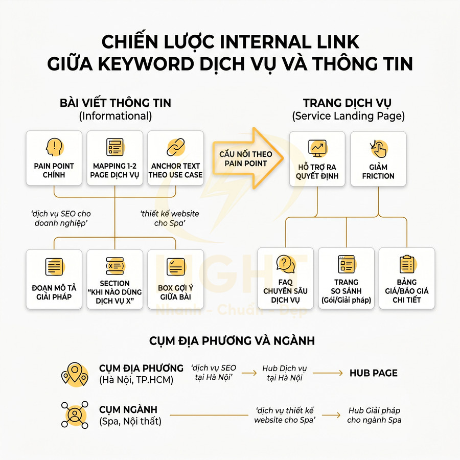 Sơ đồ chiến lược internal link giữa bài viết thông tin và trang dịch vụ SEO, cụm địa phương và ngành