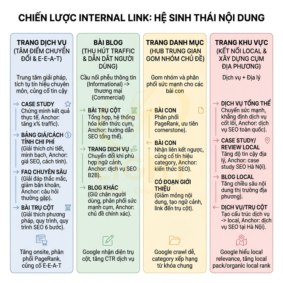 Chiến lược internal link hệ sinh thái nội dung với 4 nhóm trang dịch vụ blog danh mục và khu vực