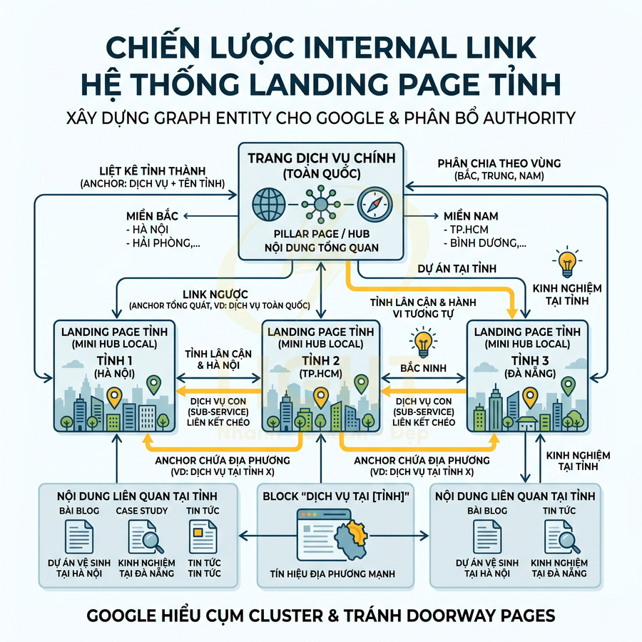 Sơ đồ chiến lược internal link cho hệ thống landing page tỉnh tối ưu SEO và phân bổ authority