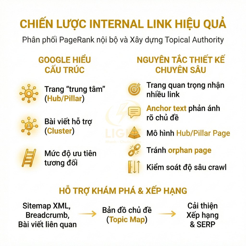 Chiến lược internal link hiệu quả với hub pillar, cluster, anchor text và topic map hỗ trợ SEO và xếp hạng Google