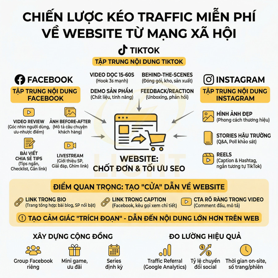 Chiến lược kéo traffic miễn phí về website từ Facebook, TikTok, Instagram và tối ưu SEO cho bán hàng online