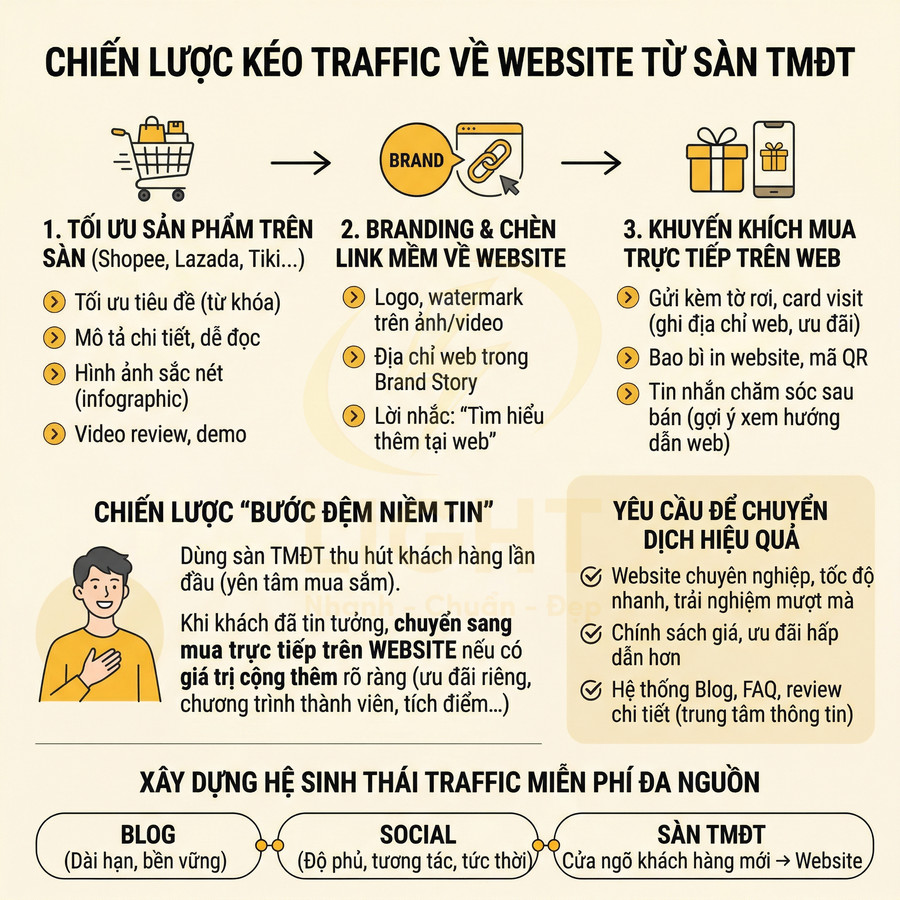 Chiến lược kéo traffic từ sàn thương mại điện tử về website với các bước tối ưu sản phẩm và xây hệ sinh thái marketing