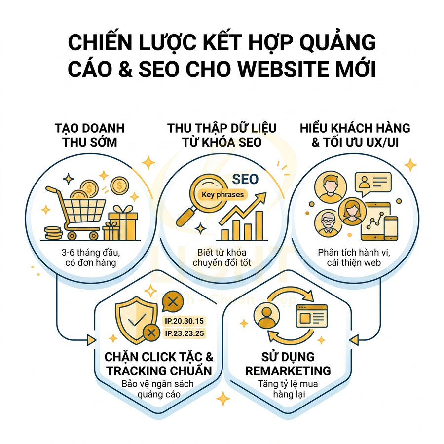 Chiến lược kết hợp quảng cáo và SEO cho website mới với các bước tối ưu chuyển đổi và remarketing