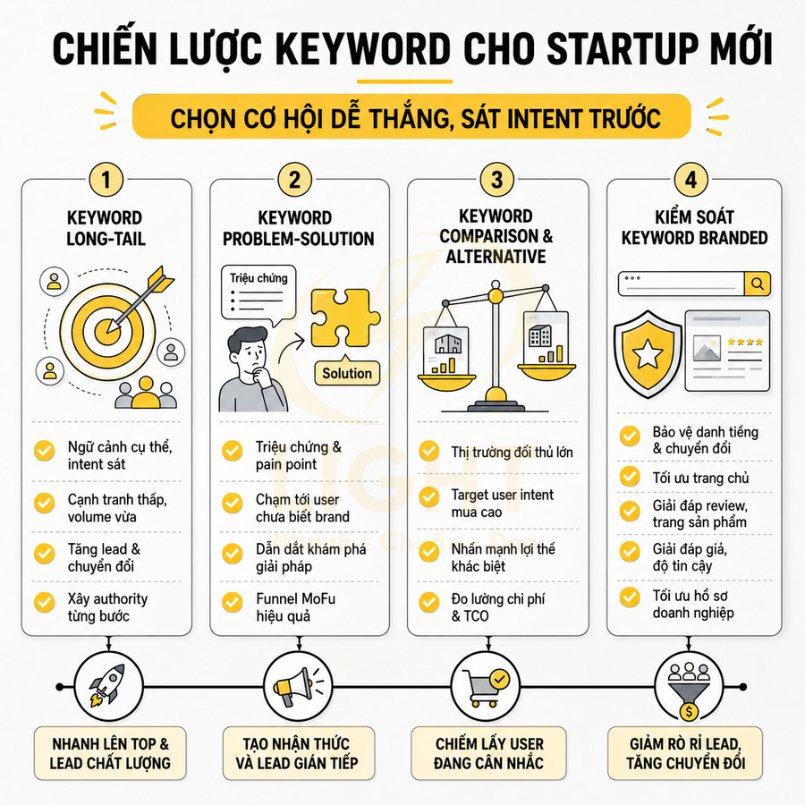 Chiến lược keyword cho startup mới với 4 nhóm từ khóa và lợi ích tăng lead, tối ưu chuyển đổi