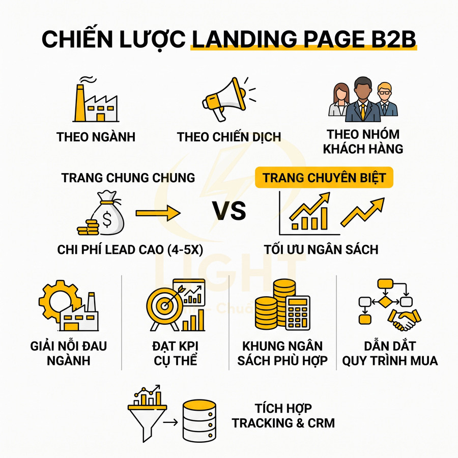 Chiến lược landing page B2B so sánh trang chung và trang chuyên biệt, tối ưu ngân sách và tích hợp tracking CRM