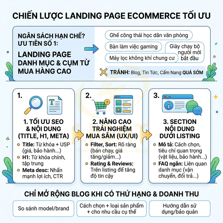 Chiến lược tối ưu landing page ecommerce với các bước SEO, UX UI và nội dung giúp tăng chuyển đổi mua hàng
