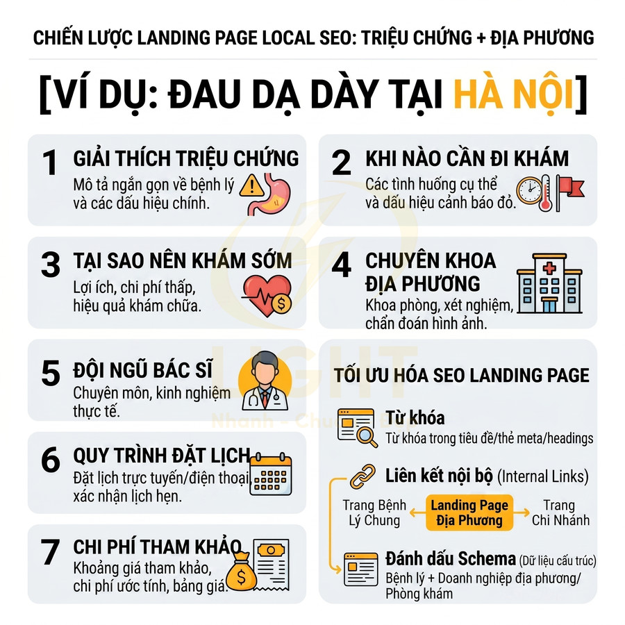 Infographic chiến lược tối ưu landing page local SEO cho dịch vụ khám đau dạ dày tại Hà Nội
