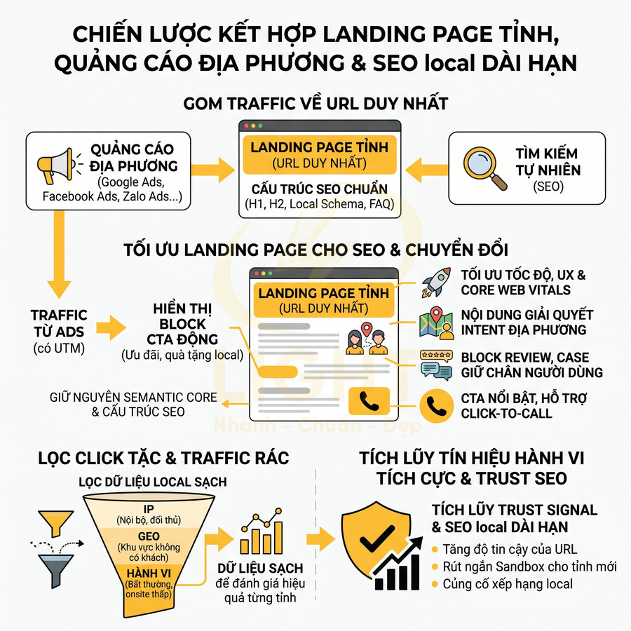 Chiến lược kết hợp landing page tĩnh với quảng cáo địa phương và SEO local dài hạn tăng chuyển đổi và trust SEO